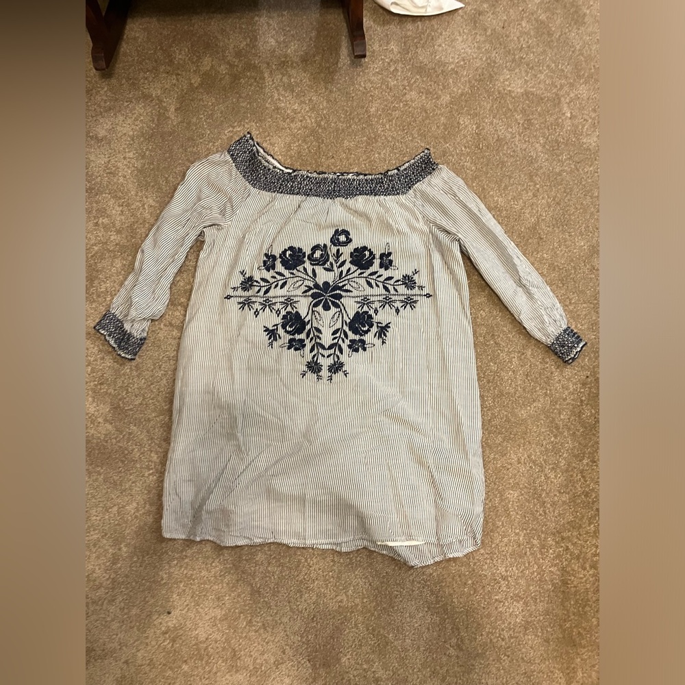 Navy blue off the shoulder striped dress